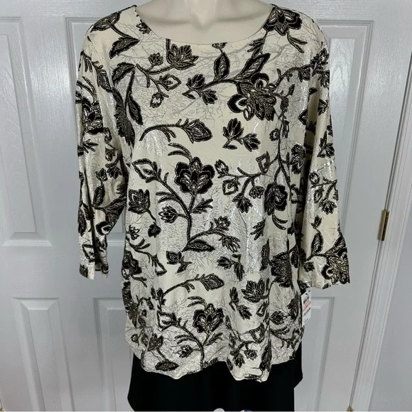 JM COLLECTION dress blouse Elegant black cream shimmer party top BEAUTIFUL 2X - Picture 5 of 13
